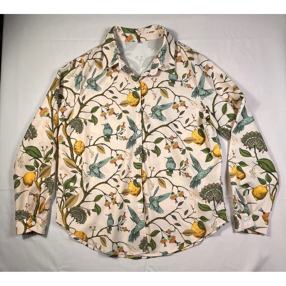 Womens L Hummingbird Lemon Botanical Button Front Blouse Long Sleeve